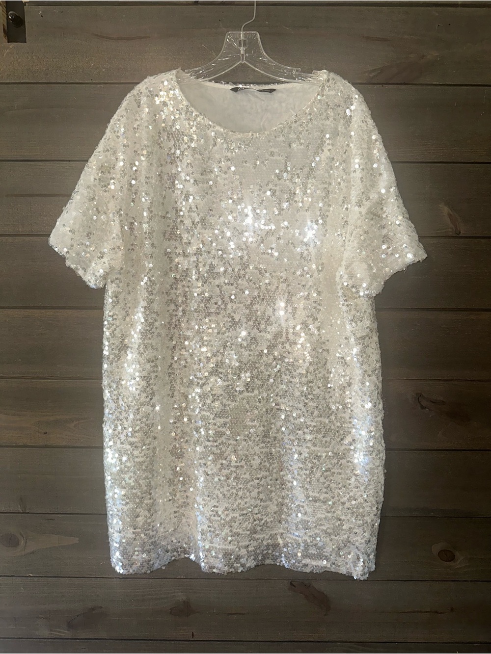 Zara White Sequin Short Sleeve Dress